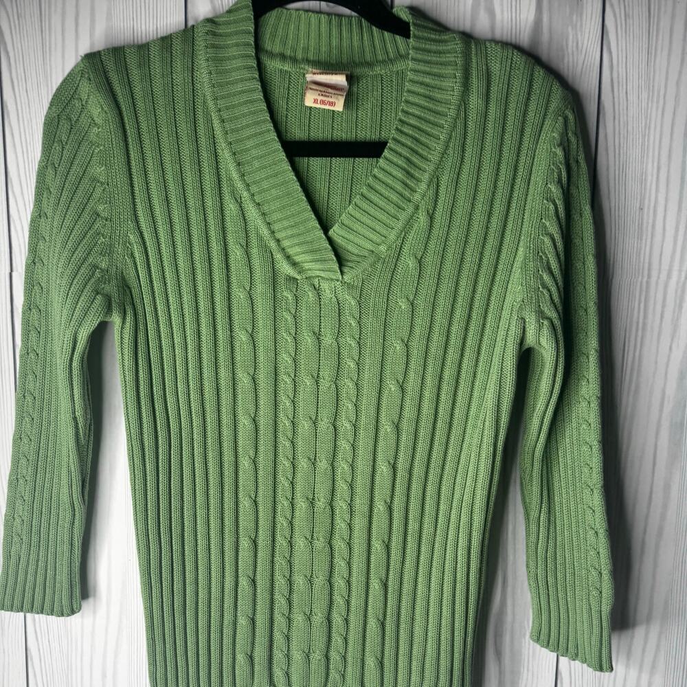 Vtg 90's Faded Glory Women's XL V neck Pullover Sweater Green Cable knit